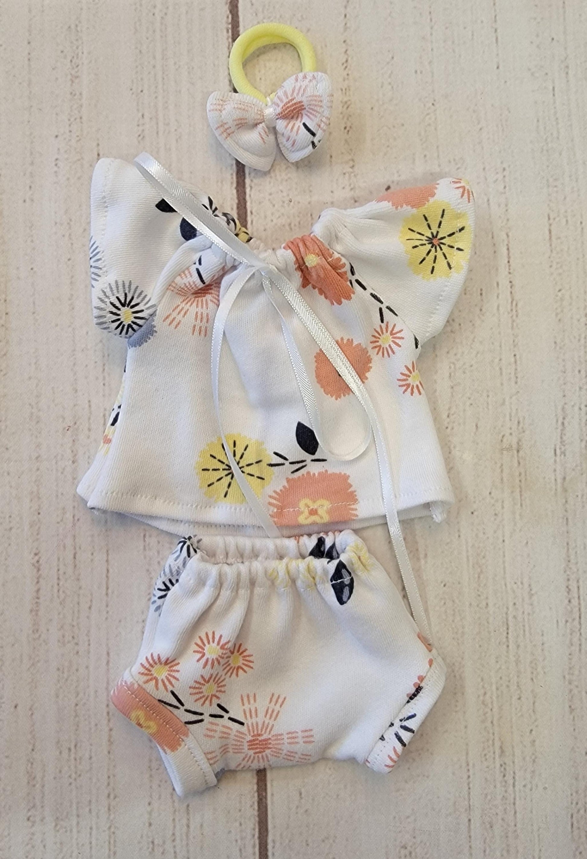 Handmade 3 Piece Flutter Sleeves Top with Bottom and Bow Headband Doll Outfit