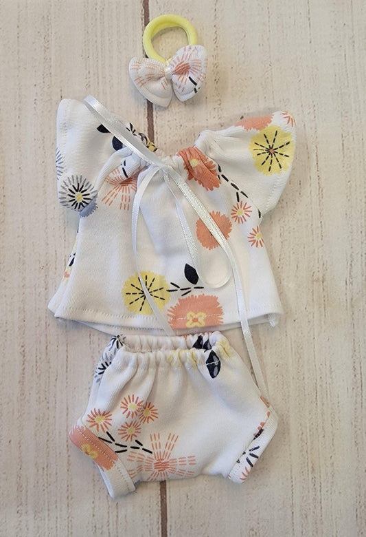 Handmade 3 Piece Flutter Sleeves Top with Bottom and Bow Headband Doll Outfit